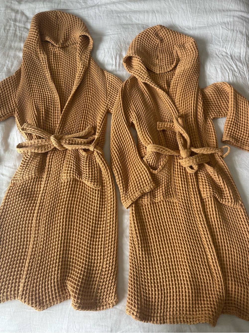 NEW Waffle-Knit Hooded His and Hers Bath Robes in Camel Brown